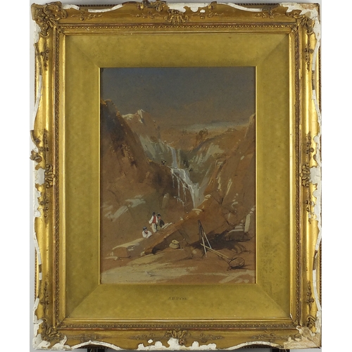 955 - James Baker Pyne - Figures beside a waterfall, heightened watercolour onto card, mounted and framed,... 