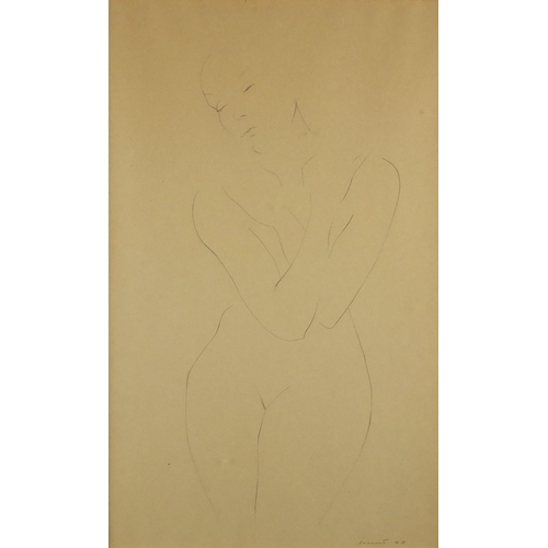 966 - Portrait of a nude female, pencil sketch onto paper, bearing an indistinct signature and dated 48, m... 