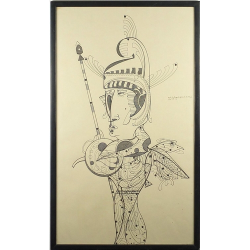 1047 - Surreal figure, 1970's pen and ink, bearing an inscription, framed, 72.5cm x 42.5cm