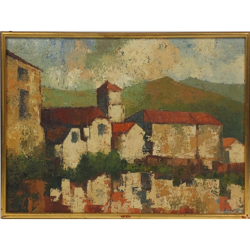 1051 - Buildings before mountains, impressionist oil onto canvas, bearing an indistinct signature Mink ? fr... 