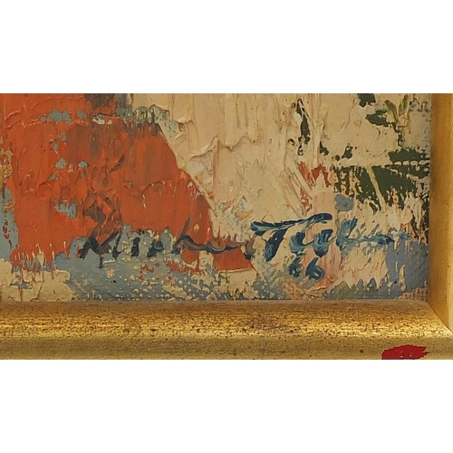 1051 - Buildings before mountains, impressionist oil onto canvas, bearing an indistinct signature Mink ? fr... 