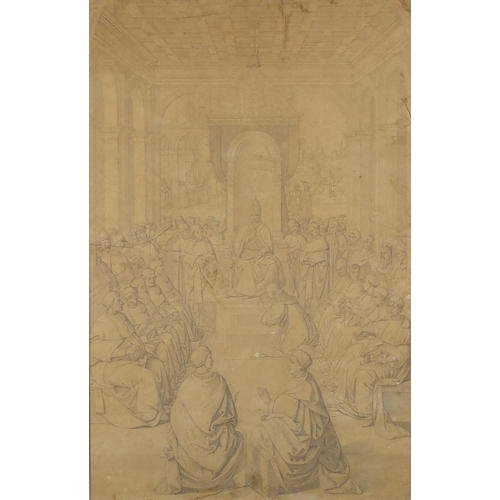 1110 - Group of Cardinals, pencil sketch onto paper, mounted and framed, 43.5cm x 27.5cm