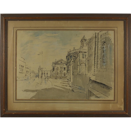 1114 - Edward Piper - Street scene, ink and watercolour, labels verso, framed, 54cm x 39cm
