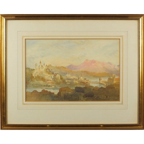 1117 - Continental city before mountains, 19th century watercolour, mounted and framed, 30cm x 20cm
