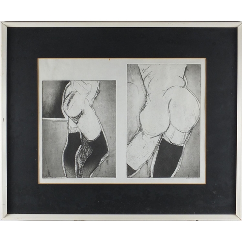 324A - Nude figure two black and white etchings bearing an indistinct signature, mounted and framed, 38cm x... 