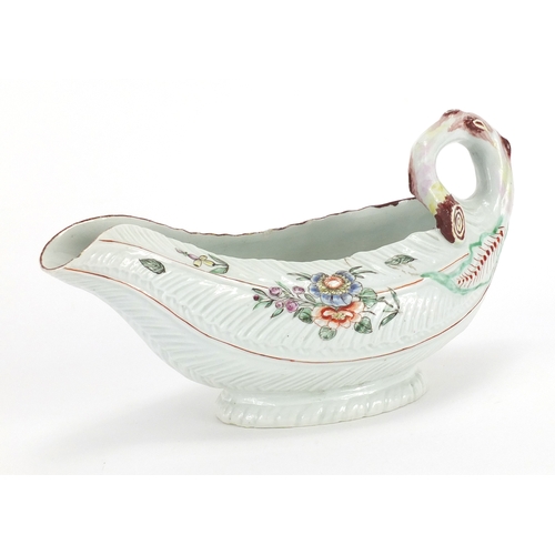 501 - 18th century Worcester porcelain Cos Lettuce Leaf sauce boat, hand painted with flowers, 22cm in len... 