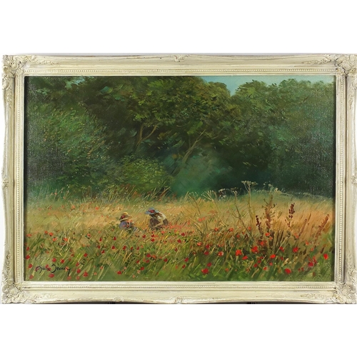 1068 - After Liam Treacy - Children in cornfields and with a goat, pair of Irish school oil on canvases, bo... 