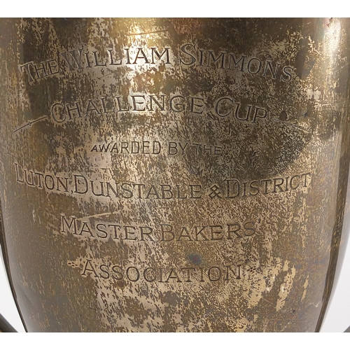 637 - Large silver two handled trophy engraved 'The William Simmonds Challenge Cup awarded by The Luton Du... 