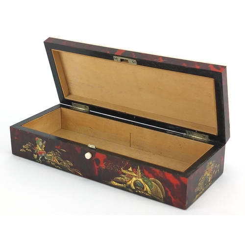 407 - Rectangular Chinese red tortoiseshell and ivory pen box, decorated in the chinoiserié manner, 5cm H ... 