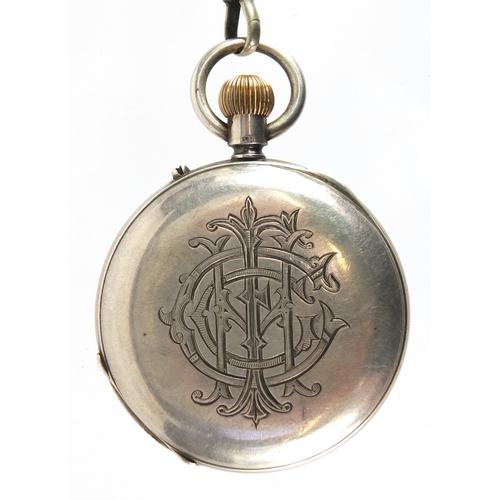 832 - Silver and enamel half hunter pocket watch by J W Benson of London, with silver watch chain