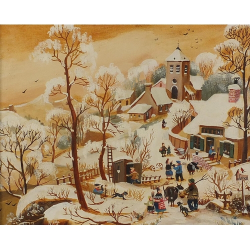 1101 - Paul Janos - Mountain village, oil on canvas, label verso, mounted and framed, 25.5cm x 21cm