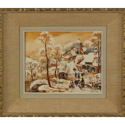 1101 - Paul Janos - Mountain village, oil on canvas, label verso, mounted and framed, 25.5cm x 21cm