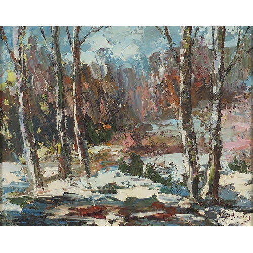 1029 - Snowy woodland, Russian school oil on board, bearing a signature Vadoly and inscriptions verso, moun... 
