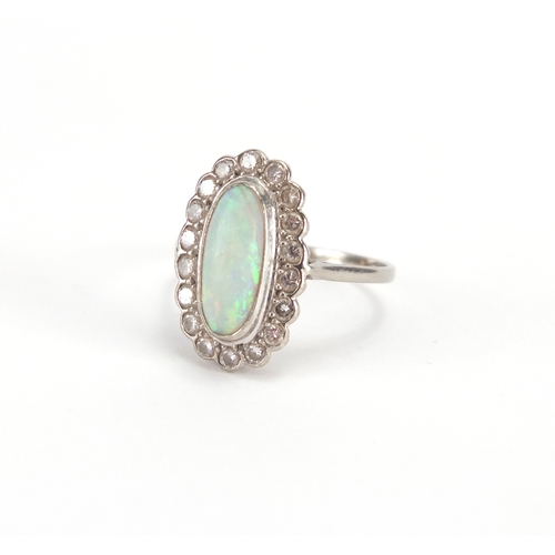 704A - 18ct white gold opal and diamond ring, size R, approximate weight 3.9g