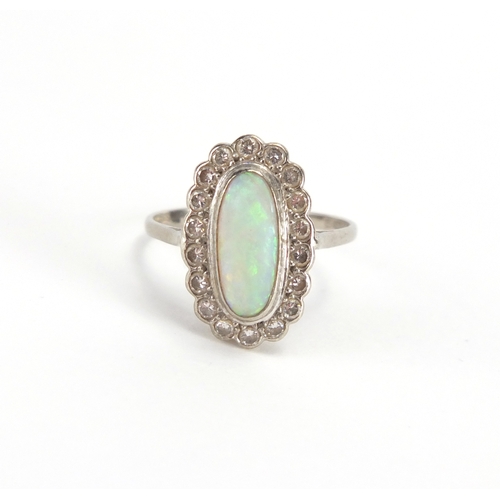 704A - 18ct white gold opal and diamond ring, size R, approximate weight 3.9g