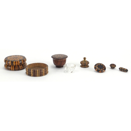 15 - Victorian Tunbridge Ware including two screw top boxes, one housing a miniature glass bowl, the larg... 