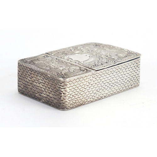 30 - Rectangular Georgian silver snuff box, embossed with flowers and fish scales, decoration to the side... 