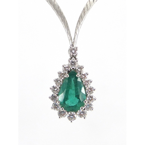 681 - 18ct white gold tear drop Emerald and Diamond necklace, 40cm in length, approximate weight 21.6g