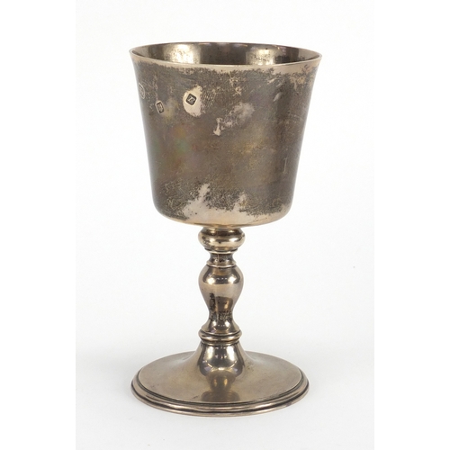 652 - Silver goblet with presentation inscription to the base, hallmarked London 1972, 16cm high, approxim... 