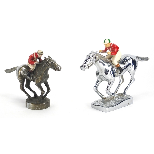 152 - Four chrome car mascots including two hand painted examples in the form of jockey's on horseback wit... 