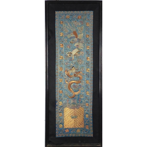 309 - Chinese rectangular silk gold braided panel embroidered with dragon, Qilin Lion and Phoenix amongst ... 