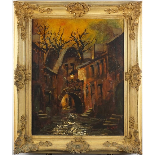 478 - La Cruix - Dutch courtyard, oil on canvas, labels verso, framed, 49.5cm x 39cm