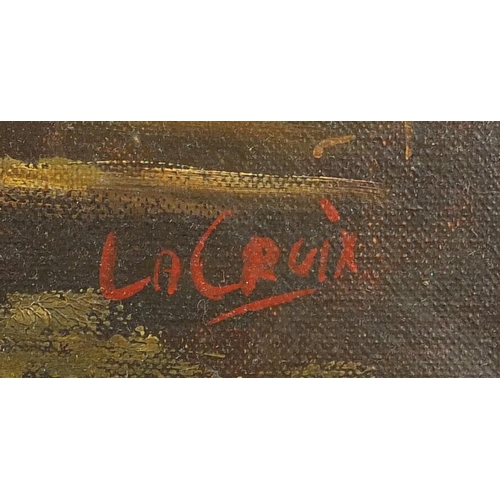 478 - La Cruix - Dutch courtyard, oil on canvas, labels verso, framed, 49.5cm x 39cm