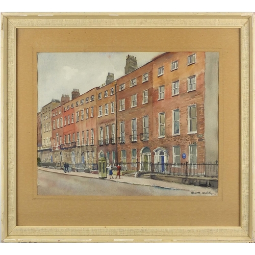 457 - Ralph Duck - Street scene with figures, watercolour, mounted and framed, 36.5cm x 26.5cm