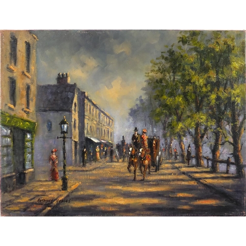 447 - Anthony Hedges - Landscape with river and Edwardian street scene, two oil on canvases, both unframed... 