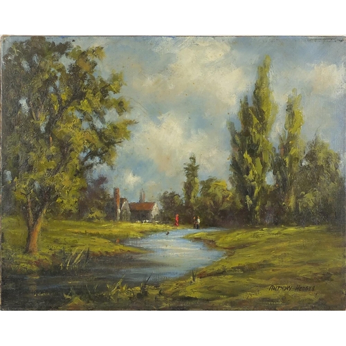 447 - Anthony Hedges - Landscape with river and Edwardian street scene, two oil on canvases, both unframed... 