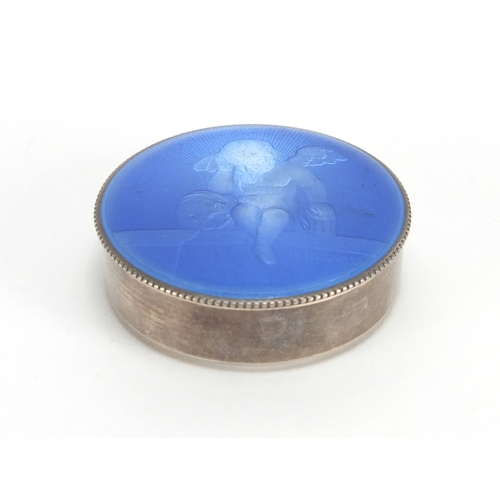 26 - Continental silver and guilloche enamel pill box, the lid enamelled with a cherub, signed G Bigard, ... 