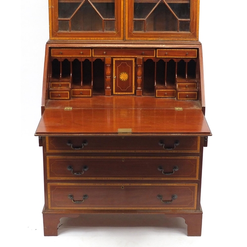 2021 - Sheraton revival inlaid mahogany bureau bookcase, 234cm H x 96cm W x 54cm D