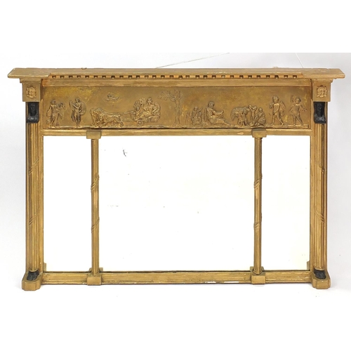2023 - Gilt framed three panel over mantel mirror, decorated in relief with classical scenes, 100cm high x ... 