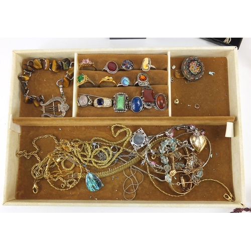 2739 - Vintage and later jewellery including a silver harp brooch, micro mosaic brooch, necklaces, rings an... 