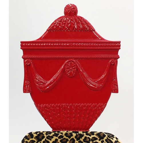 2027 - Pair of decorative red lacquered occasional chairs, in the Adam's style with leopard pattern upholst... 