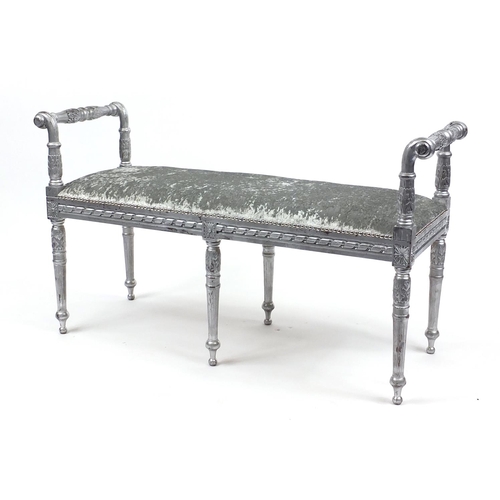 2034 - Ornate silver painted window seat, 66cm high x 112cm wide