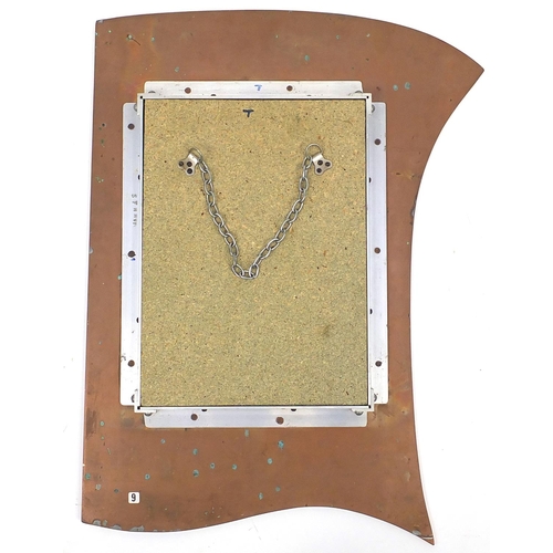 2033 - Sam Fanaroff copper mirror of stylised design with inset cabochon stone, 61cm high x 41cm wide