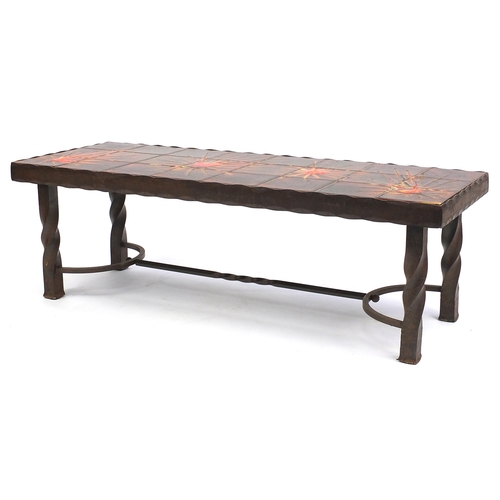 2055 - retro Iron tile top coffee table by La Roue Vallauris, 40cm H x 123cm W x 47cm D