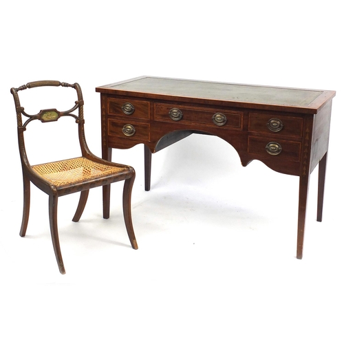 2 - Edwardian inlaid mahogany writing desk with tooled leather top, fitted with five drawers, together w... 