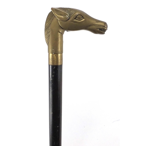 512 - Ebonised walking cane with drinking vessel and brass horse head handle