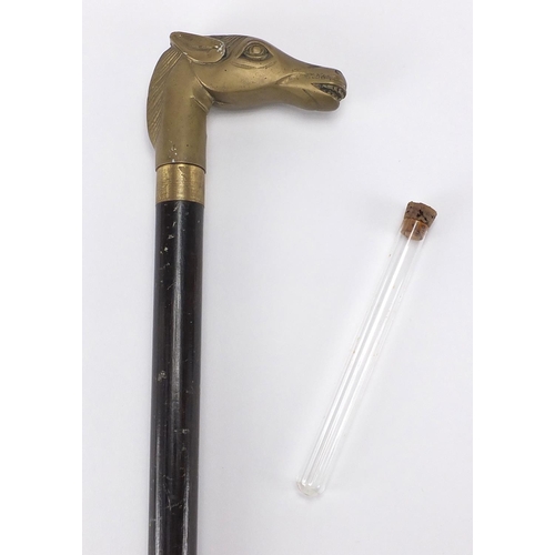 512 - Ebonised walking cane with drinking vessel and brass horse head handle