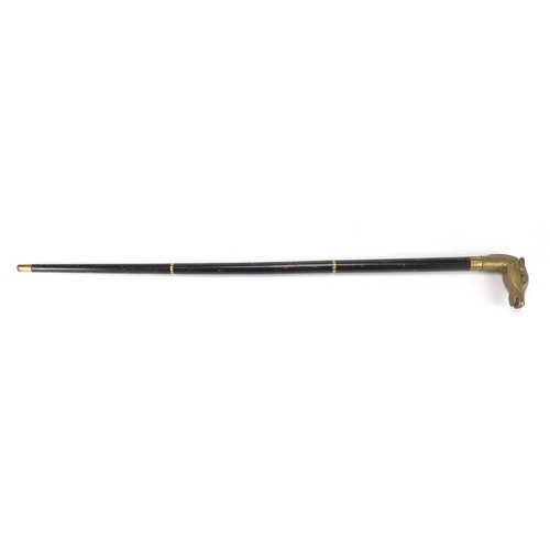 512 - Ebonised walking cane with drinking vessel and brass horse head handle