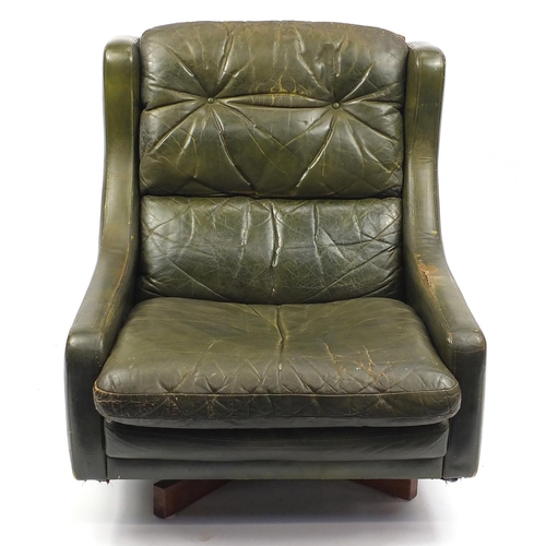 158 - Vintage green leather easy chair, 90cm high