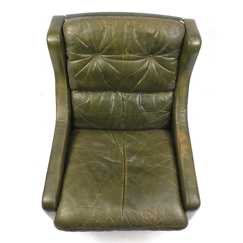 158 - Vintage green leather easy chair, 90cm high