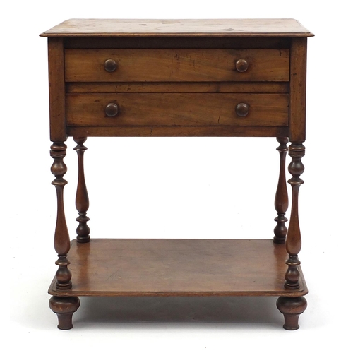 64 - Walnut side table fitted with two frieze drawers above an under tier, 70cm H x 62cm W x 44cm D