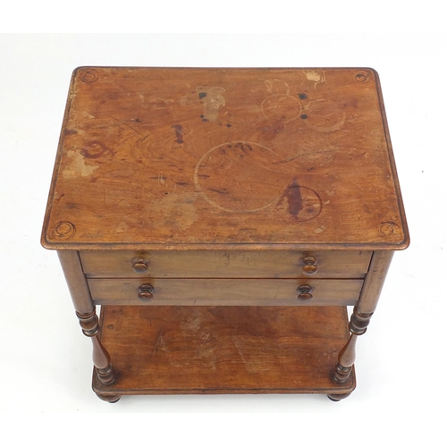 64 - Walnut side table fitted with two frieze drawers above an under tier, 70cm H x 62cm W x 44cm D