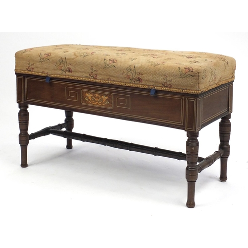 4 - Edwardian inlaid rosewood duet stool with lift up seat, 52cm H x 86cm W x 37cm D