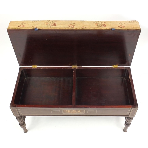 4 - Edwardian inlaid rosewood duet stool with lift up seat, 52cm H x 86cm W x 37cm D