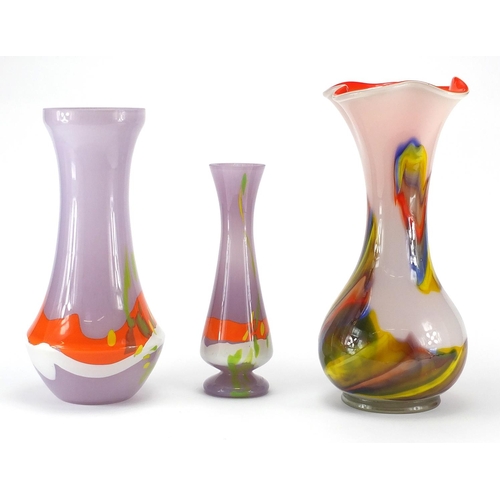 196 - Three colourful glass art vases, the largest 38cm high