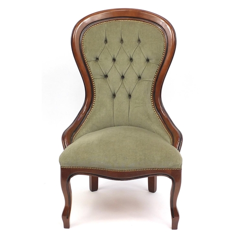 28 - Reproduction mahogany framed bedroom chair with green button back upholstery